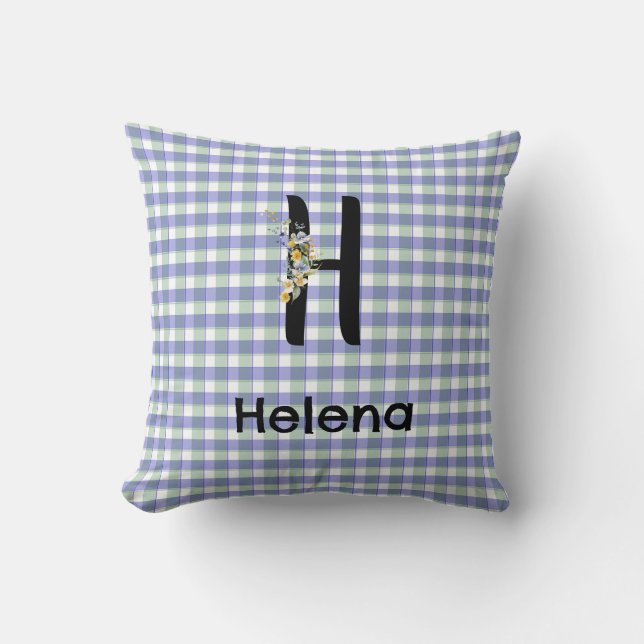 Monogram bloem gingham blauw groen patroon kussen (Voorkant)