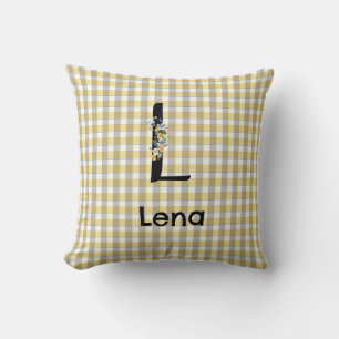Monogram bloem gingham geel grijs patroon kussen