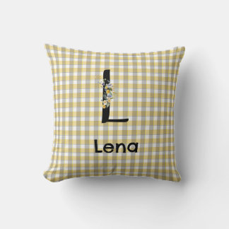 Monogram bloem gingham geel grijs patroon kussen