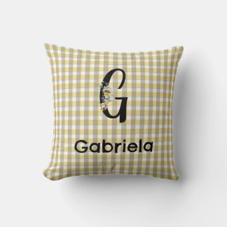 Monogram bloem gingham geel grijs patroon kussen