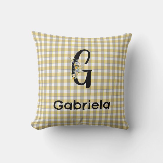 Monogram bloem gingham geel grijs patroon kussen (Voorkant)