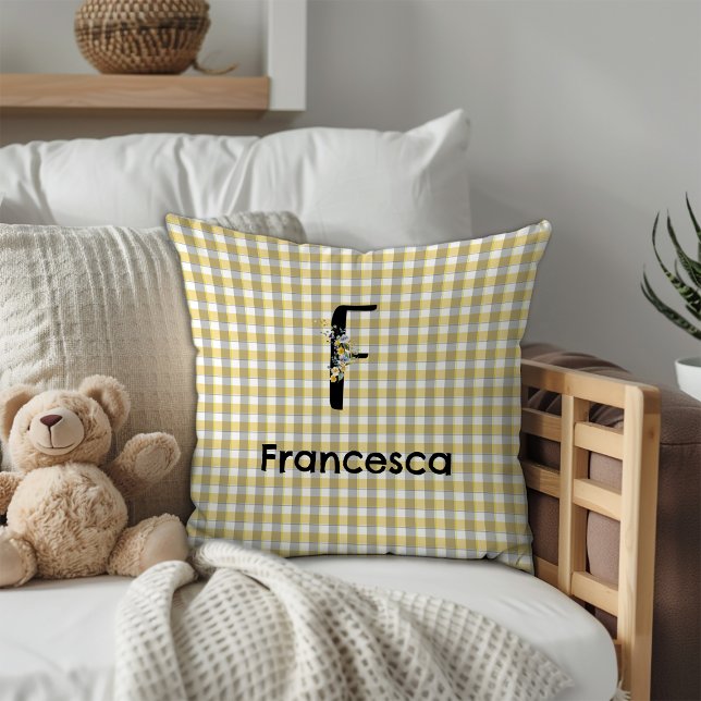 Monogram bloem gingham geel grijs patroon kussen (Creator heeft geüpload)