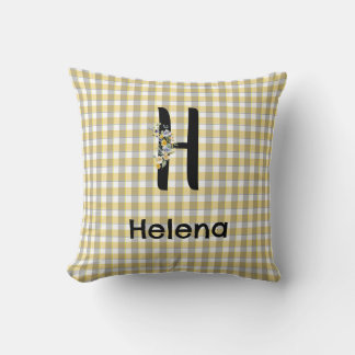 Monogram bloem gingham geel grijs patroon kussen