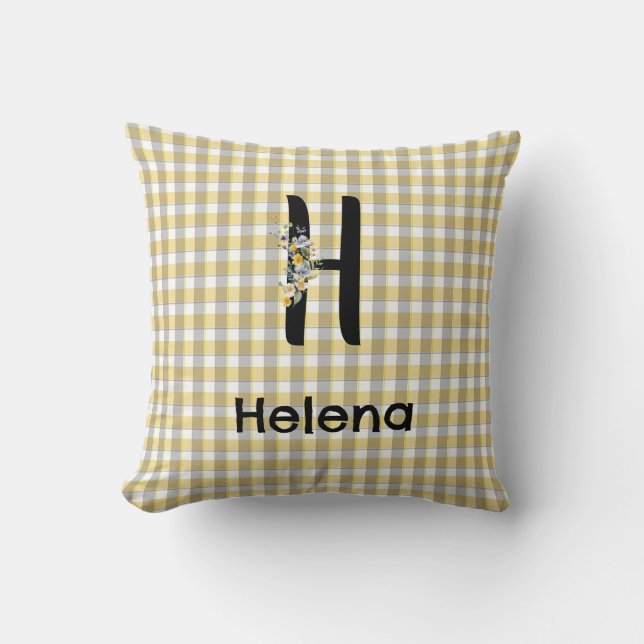 Monogram bloem gingham geel grijs patroon kussen (Voorkant)