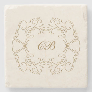 Monogram Bloem Guirlande Gouden Trouwherinnering Stenen Onderzetter