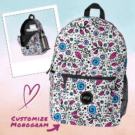 Monogram Bloem Patroon blauw Werveling Bes Wit -  Bedrukte Rugzak
