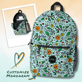 Monogram Bloem Patroon oranjeSwirlBes Turquoise Bedrukte Rugzak