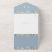 Monogram Bloem QR Code Stofblauwe Trouwkaart All In One Uitnodiging (Buitenkant)