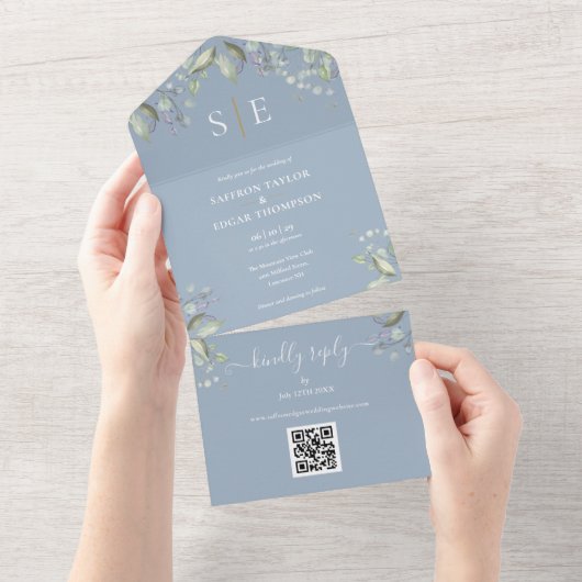 Monogram Bloem QR Code Stofblauwe Trouwkaart All In One Uitnodiging (Afscheurbaar)