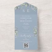 Monogram Bloem QR Code Stofblauwe Trouwkaart All In One Uitnodiging (Binnen)