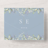 Monogram Bloem QR Code Stofblauwe Trouwkaart All In One Uitnodiging (Achterkant)