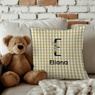 Monogram bloem retro gingham blauw grijs  kussen