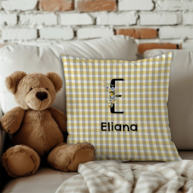 Monogram bloem retro gingham blauw grijs  kussen (Creator heeft geüpload)