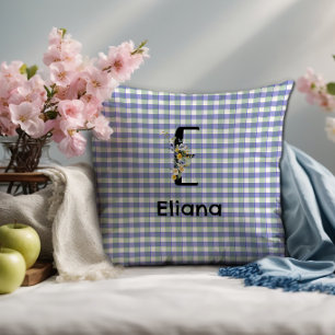 Monogram bloem retro gingham blauw groen kussen