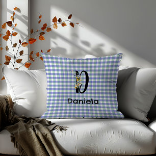 Monogram bloem retro gingham blauw groen kussen