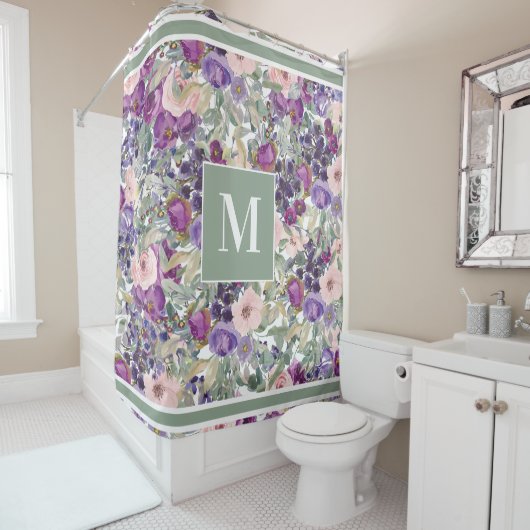 Monogram Bloem Roze Paars Boho Groen Douchegordijn (In situ)