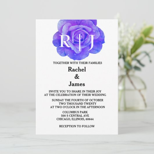 Monogram Bloemblauw Roos Bloemen Elegante bruiloft Kaart (Staand voorkant)