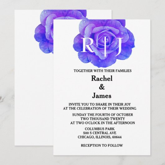 Monogram Bloemblauw Roos Bloemen Elegante bruiloft Kaart (Voorkant / Achterkant)