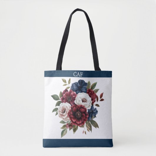 Monogram Bloemboeket bordeauxrood marineblauw wit Tote Bag (Voorkant)