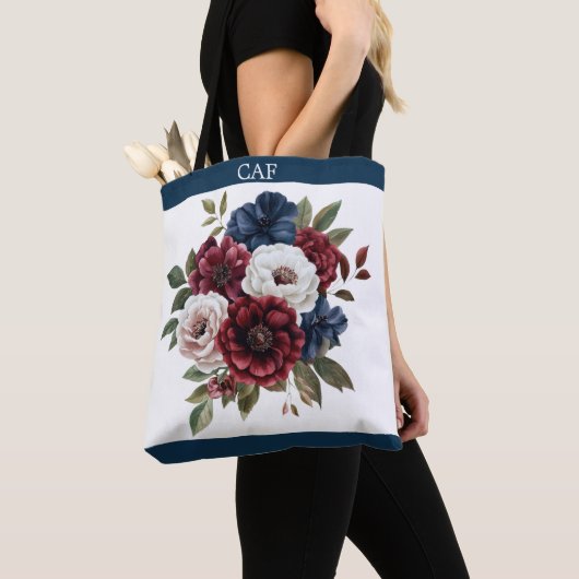 Monogram Bloemboeket bordeauxrood marineblauw wit Tote Bag (Dichtbij)