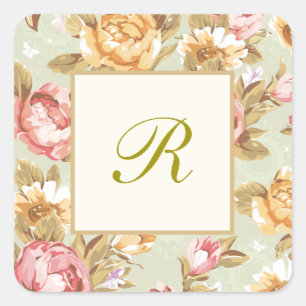 Monogram bloemdamast vierkante sticker