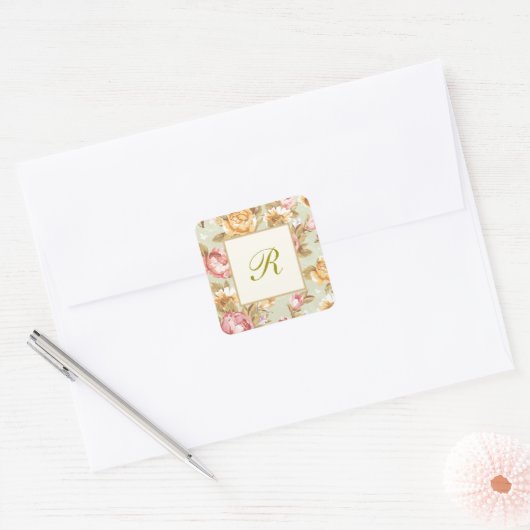 Monogram bloemdamast vierkante sticker (Envelop)