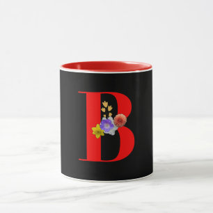 Monogram Bloemen B Rood Binnen Zwart Mok