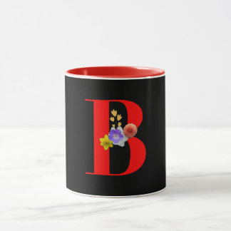 Monogram Bloemen B Rood Binnen Zwart Mok