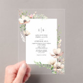 Monogram Bloemen Blush Off Witte Botanische Huweli Acryl Uitnodigingen (Insitu (Draagbaar))
