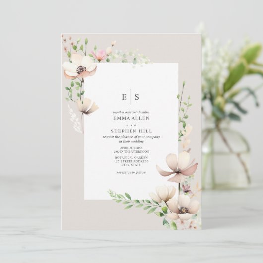 Monogram Bloemen Blush Off Witte Botanische Huweli Kaart (Staand voorkant)