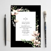 Monogram Bloemen Blush Zwart Botanische Huwelijk Kaart