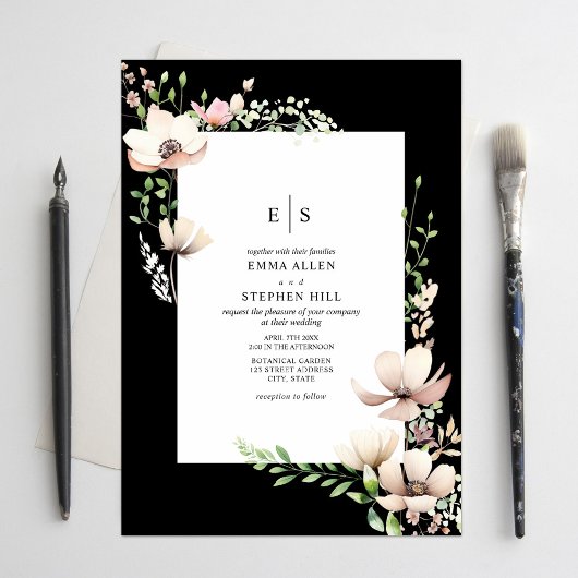Monogram Bloemen Blush Zwart Botanische Huwelijk Kaart