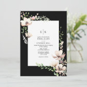 Monogram Bloemen Blush Zwart Botanische Huwelijk Kaart (Staand voorkant)