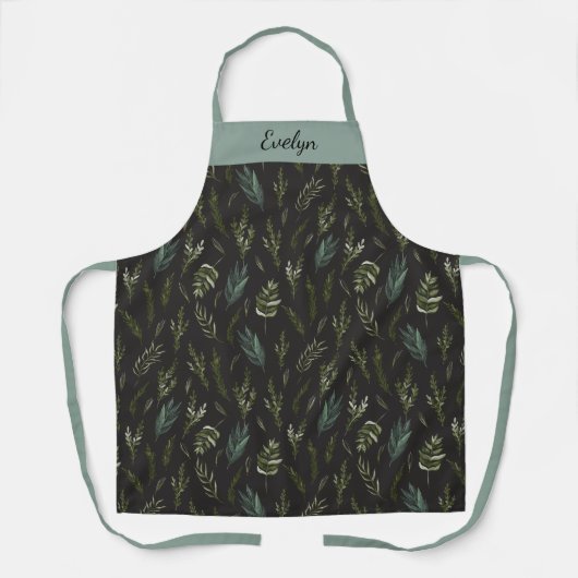 Monogram Bloemen Botanisch Groen Bladpatroon Schort (Voorkant)