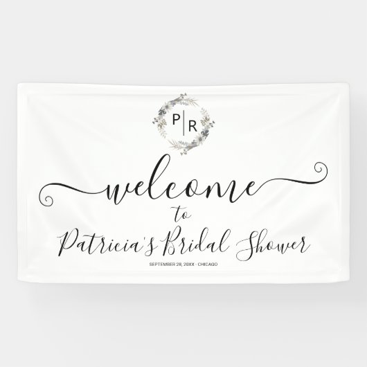 Monogram Bloemen Bruidsdouche Welkom Teken Banner (Horizontaal)