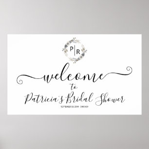 Monogram Bloemen Bruidsdouche Welkom Teken Banner Poster