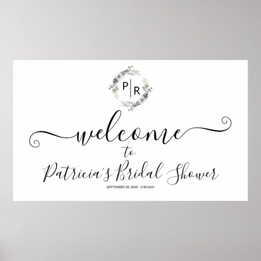 Monogram Bloemen Bruidsdouche Welkom Teken Banner Poster (Voorkant)