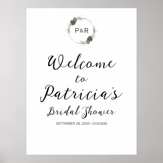 Monogram Bloemen Bruiloft Borrel Welcome Bord Poster (Voorkant)