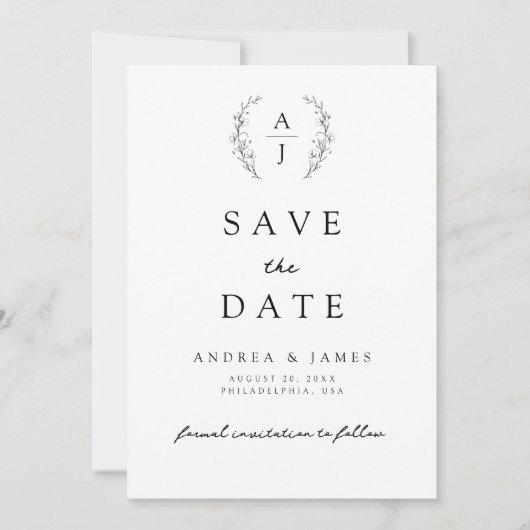 Monogram Bloemen Crest Zwart & Wit Bruiloft Save The Date (Voorkant)