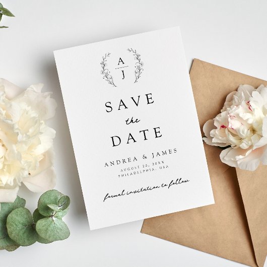 Monogram Bloemen Crest Zwart & Wit Bruiloft Save The Date