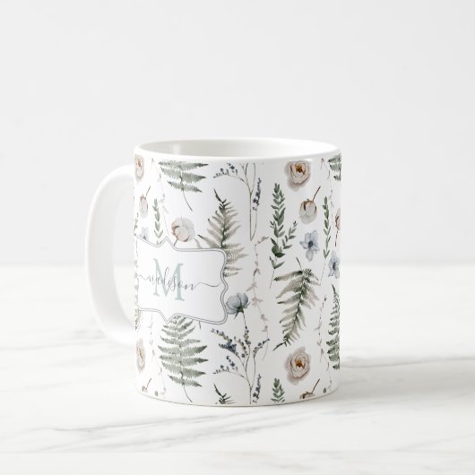 Monogram Bloemen en varen Bladeren Floral Botanica Koffiemok (Voorkant links)