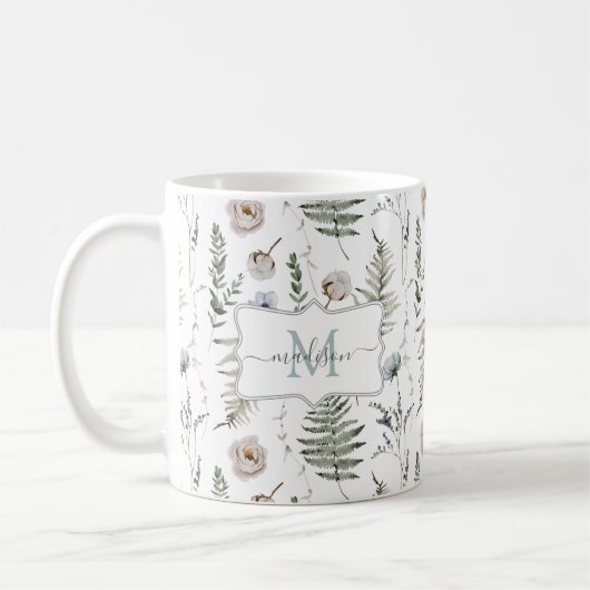Monogram Bloemen en varen Bladeren Floral Botanica Koffiemok (Links)