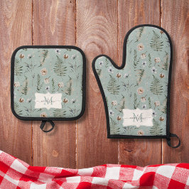 Monogram Bloemen en varen Bladeren Floral Botanica Ovenwant & Pannenlap Set