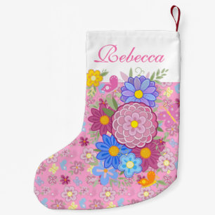 Monogram Bloemen en vlinder bloemendesign roze Kleine Kerstsok