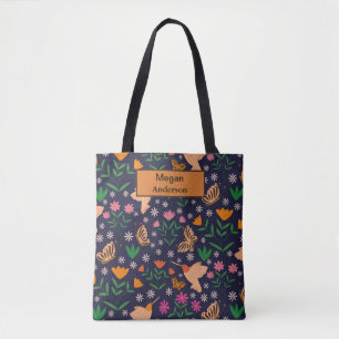 Monogram bloemen en vlinders tote bag