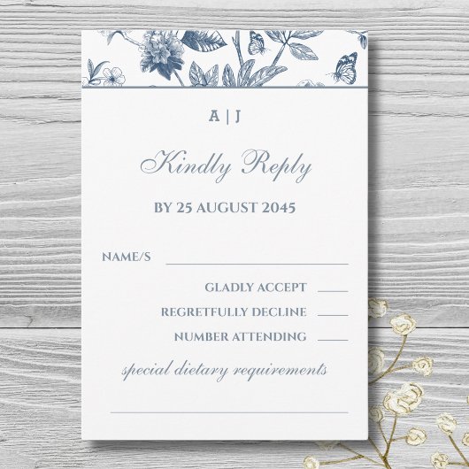 Monogram  Bloemen Franse bruiloft RSVP Kaart