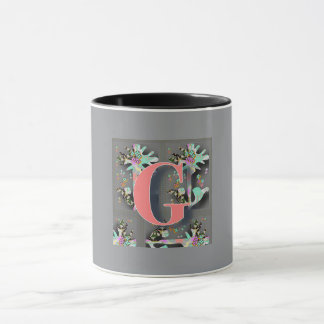 Monogram Bloemen G Zwart Binnen Grijs Buiten Mok