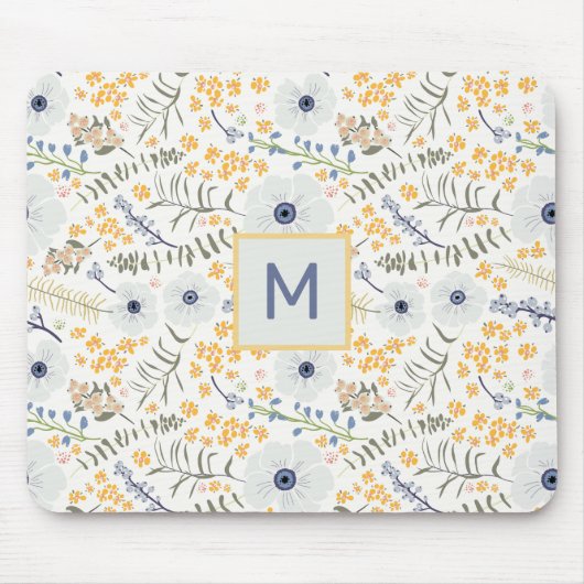 Monogram Bloemen Geel Blauw Botanisch Patroon Muismat (Voorkant)