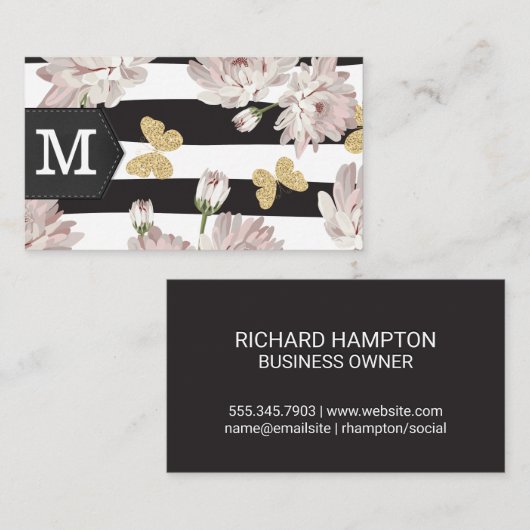 Monogram | Bloemen | Glitter Butterflies | Stripe Visitekaartje (Voorkant / Achterkant)