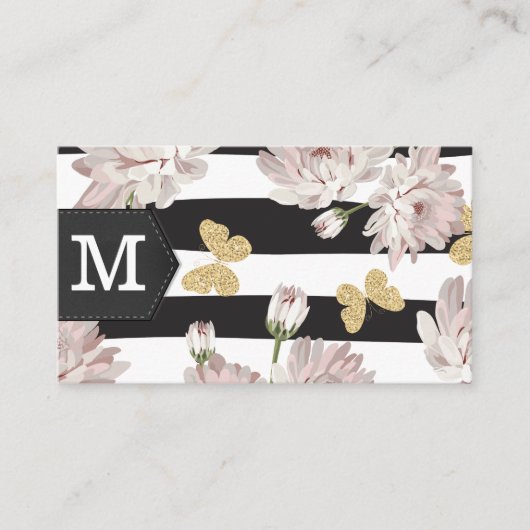 Monogram | Bloemen | Glitter Butterflies | Stripe Visitekaartje (Voorkant)